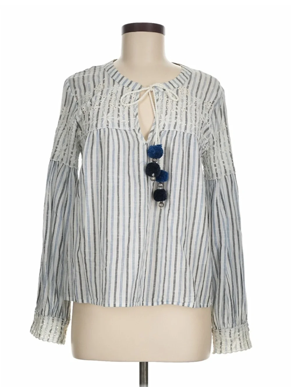 LoveShackFancy Striped Eyelet Blouse Boho Top Blue White Tassel Size M